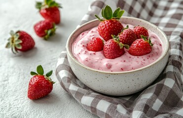 Strawberry yogurt in a bowl with fresh strawberries on checkered cloth, beige background