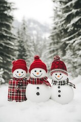 Three snowmen wearing winter hats and scarves in a snowy landscape