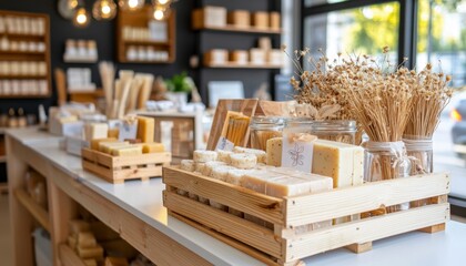 Step into a world of natural beauty and handcrafted indulgence with this captivating display A rustic wooden crate serves as the perfect stage for an array of artisan soaps, each a testament to