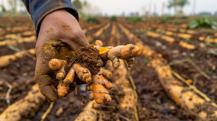Farm workers hand holding fresh turmeric root with soil details, raw and authentic farm-to-kitchen storytelling
