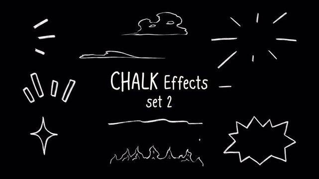 Set 2 of chalk effects, poping radiant ray vfx, smoke, running underline, swoosh pop box, shout bubble speech, sparkle, fire, Hand-drawn pencil animation on a transparent background, alpha channel