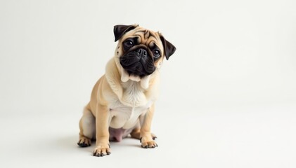 Obraz premium A solo pug poses on a seamless white backdrop, portrait, image, studio