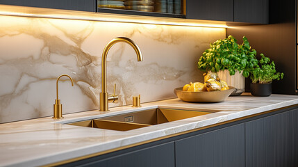 Elegant kitchen sink with gold fixtures and marble backsplash.