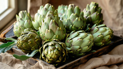 Obraz premium Group of artichokes arranged in triangular layout, top-down view perfect for farm produce, Mediterranean recipes