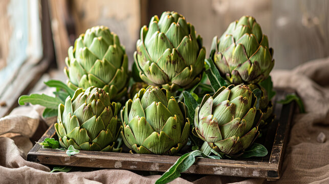 Group of artichokes arranged in triangular layout, top-down view perfect for farm produce, Mediterranean recipes