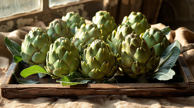 Group of artichokes arranged in triangular layout, top-down view perfect for farm produce, Mediterranean recipes