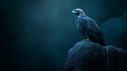 Fototapeta premium Majestic golden eagle perched on a dark rock, overlooking a mysterious, shadowy landscape at dusk.
