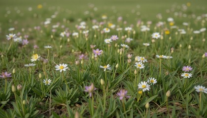 Obraz premium Wildflowers blooming in a grassy field under natural light 
