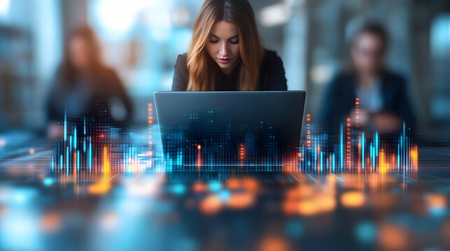 Image of data processing over diverse business people using laptops global business and digital interface concept digitally generated image