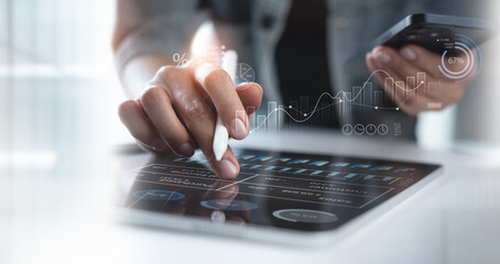 Businessman, finance analyst analyzing financial report, economic growth graph chart. Business...