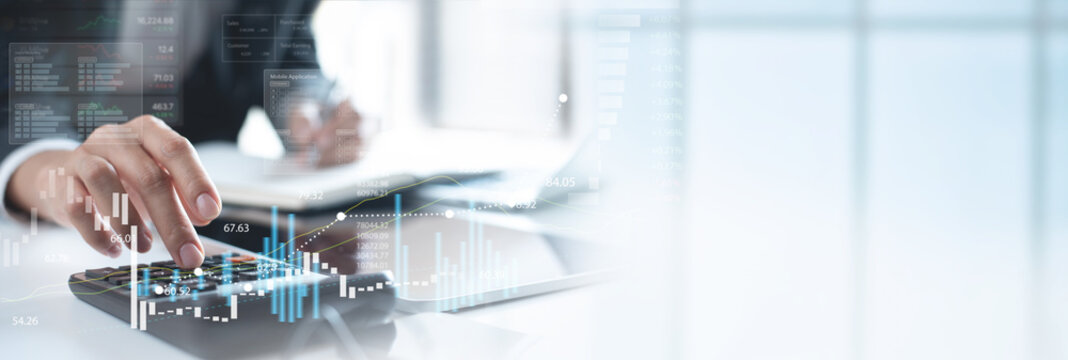 Financial accounting, business and investment concept, Accountant doing finance, calculating financial report with business graph, market research, budget and tax management, digital marketing plan