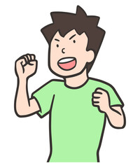 手を挙げて口を開けて叫んでいる男性