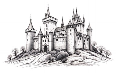 Majestic Castle Drawing on Hillside with Trees and Stone Gate