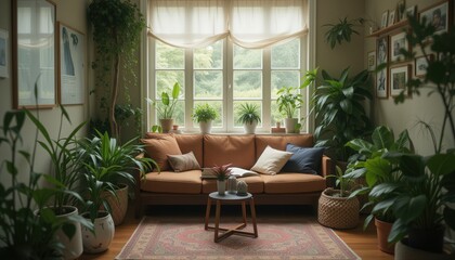 Fototapeta premium Cozy living room filled with plants and natural light 