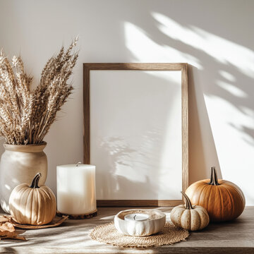 Empty picture frame with pumpkin. Generated AI