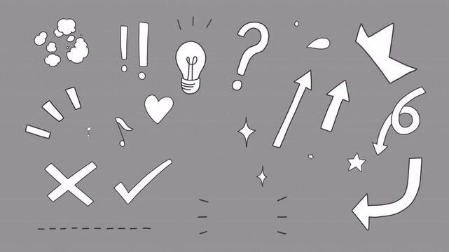 Black and white Cute doodle icons, wiggle animation stickers: smoke, question marks, arrows, stars, sparkles, light bulb, heart pop, music notes, surprised, sweat, on a transparent background, alpha 