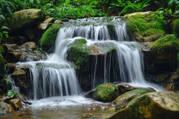 Obraz premium Cascading waterfall in mossy forest stream