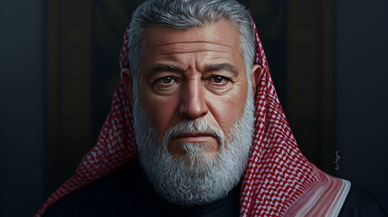 Portrait of a Serious Middle Eastern Man with Gray Beard and Red and White Keffiyeh