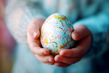 Child's hands gently cradling a beautifully decorated Easter egg, showcasing the vibrant colors and intricate patterns, embodying the spirit of spring and Easter