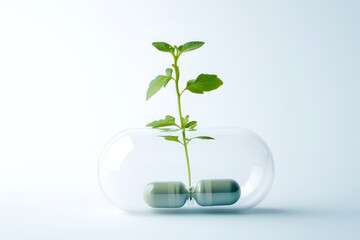 Nature's growth and green plant sprouting from a medicine capsule representing health, wellness, and herbal medication, in a symbolic and creative representation 
