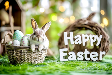 Easter bunny with basket of eggs, festive springtime scene with vibrant colors and decorations, perfect for holiday celebrations 