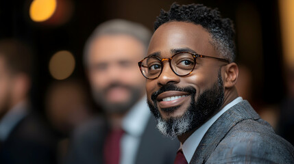 Fototapeta premium Portrait of a Smiling African American Man in a Gray Suit