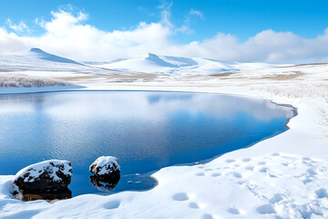 Winter landscape featuring a serene lake surrounded by snow-covered mountains reflecting a beautiful blue sky, capturing the essence of cold beauty