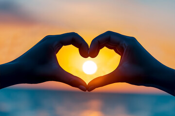 Hands forming a heart shape around a vibrant sunset over the ocean evoking feelings of love and romance, soft and warm light and a serene background.