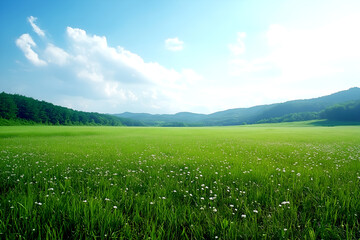 Vibrant landscape with vast green meadow and clear blue sky with fluffy clouds, evoking serenity and open space.