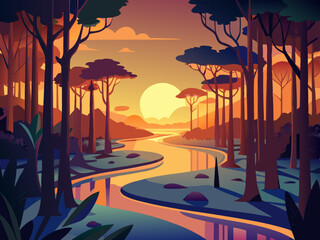 colorful illustration of a dense mangrove forest and sunset