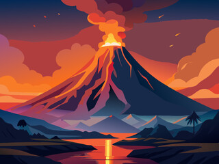 colorful illustration of a dramatic erupting volcano