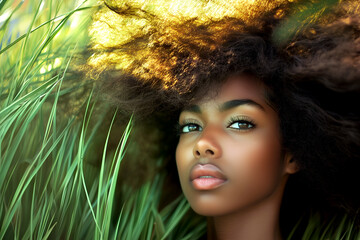 Portrait of a young woman with striking features laying in tall grass with an expressive gaze capturing beauty and natural charm 