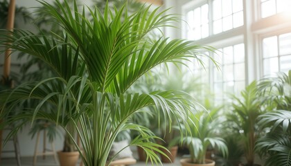 Fototapeta premium Lush indoor palm plants thriving in bright natural light 