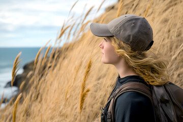 A young woman hiker in a cap gazes out at the serene ocean view with a backpack enjoying the peaceful moment of nature in a coastal setting