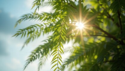 Sunlight Shining Through Lush Green Leaves Against Clear Sky  