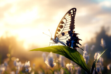Butterfly gracefully perched on a leaf with the sun in the background, creating a beautiful nature scene