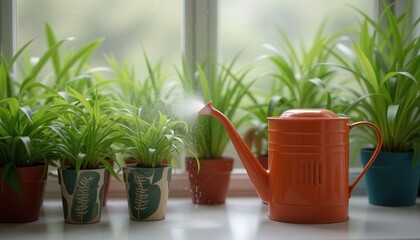 Vibrant watering can watering lush green plants by a window  
