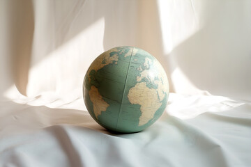 Globe sitting on draped fabric casting shadows, emphasizing global concepts of travel and world in high-angle shot