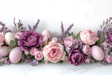Easter eggs amidst vibrant flowers in pastel shades, creating a festive springtime decoration with a touch of elegance and seasonal charm.