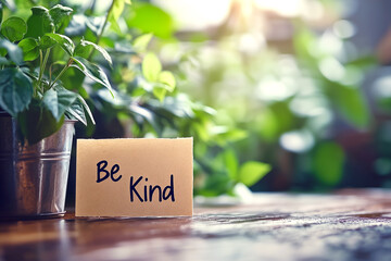 Be Kind message on a card surrounded by lush greenery, evoking warmth, positivity, and a call for compassion and empathy in a natural and serene environment