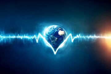 Earth surrounded by a glowing heartbeat graphic in a visually striking illustration of interconnectedness and energy