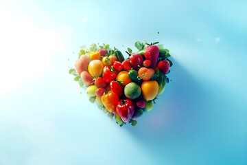 A vibrant heart-shaped composition of fresh fruits and vegetables, conveying themes of health, wellness, and natural goodness, set against a gradient background.