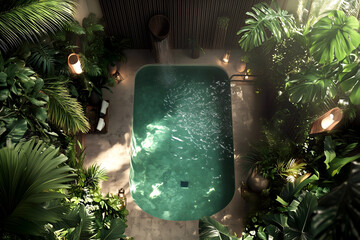 Luxurious Spa surrounded by lush green tropical plants from a top-down view, a serene scene of relaxation and tranquility