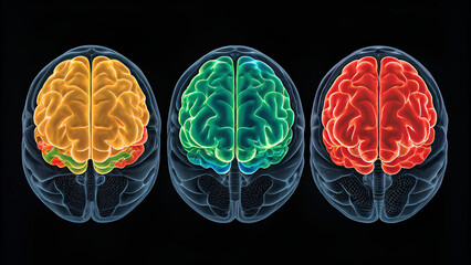anti-amyloid Alzheimer's Testing image depicts three human brains different colors representing various functions. This visual can be associated