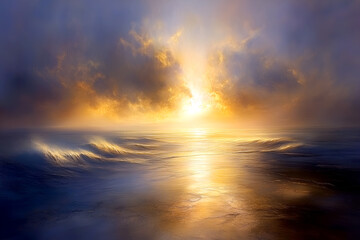 Ocean sunset reflecting golden sunlight through the clouds and waves captured in a serene and picturesque landscape