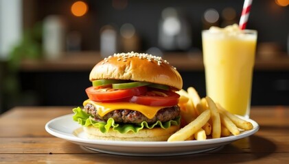 Close-up of burger, fries, and milkshake on white , creamy, white background