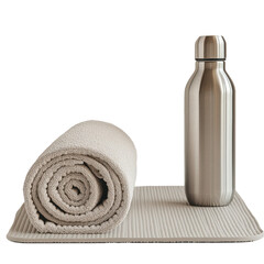 Yoga mat towel and water bottle fitness accessories workout essentials beige neutral tones isolated on transparent background