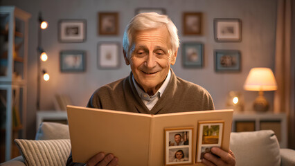 anti-amyloid Alzheimer's Testing joyful elderly man smiles while looking photo album filled with memories, reflecting his life and loved ones