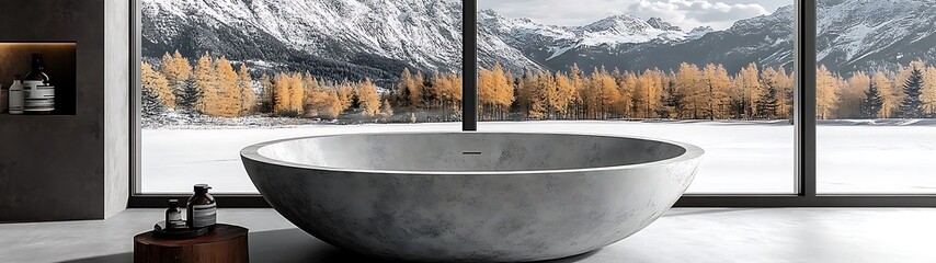 Stone bathtub with mountain view.