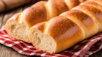 Freshly baked bread rolls arranged on a kitchen counter with a checkered cloth underneath